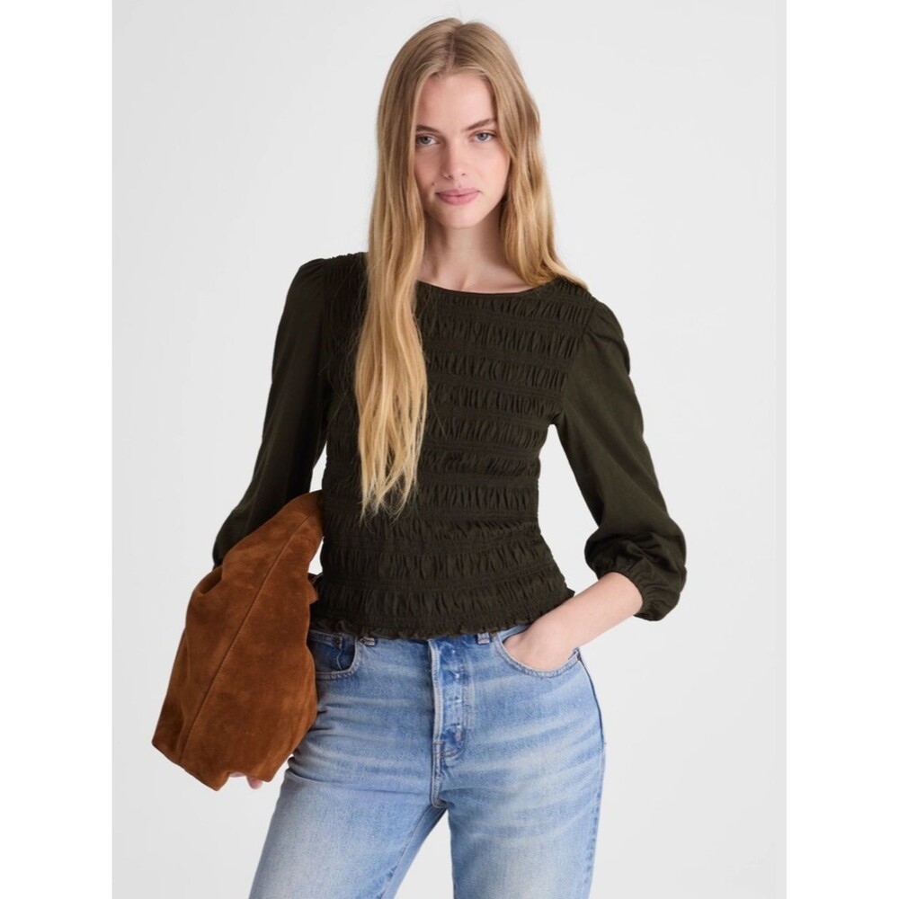 Madewell NWT Smocked Boatneck Top Boho Casual Chic Balloon Sleeve French girl